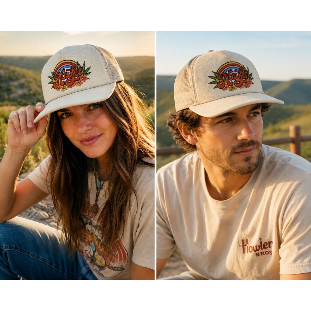 Howler Brothers Irie Paradise Trucker Hat Snapback Corduroy Beige Rainbow Mens